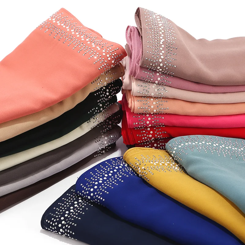 Шифоновый шарф с пузырьками и бриллиантами, Женский мусульманский Одноцветный хиджаб, женский шарф, шаль из бисера, мусульманские хиджабы