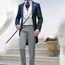 Последние конструкции пальто брюки Темно-синие Жених Фрак Смокинги для женихов итальянский Стиль 3 предмета Мужская Свадьба Пром Костюмы Длинный блейзер TERNO