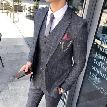 Cena (Kurtka + Spodnie + Kamizelka) 2019 Zapinany Na Jeden Guzik Garnitury Męskie Moda Szary Męski Slim Fit Formalne Na Wesele Smoking Na Imprezę Garnitury Blazer Masculino