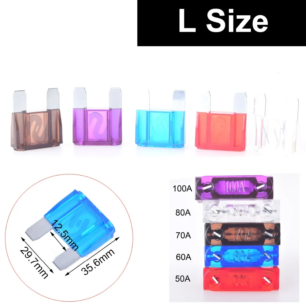 Auto Blade Fuse Large Size Maxi Blade 5pcs 100A 80A 70A 60A 50A Assortment Set for Car Truck