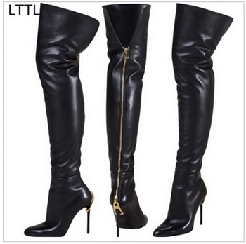 

Winter women thigh high boots gold zipper embellished over the knee fashion booties pointed toe high heel boots tide Dress shoes