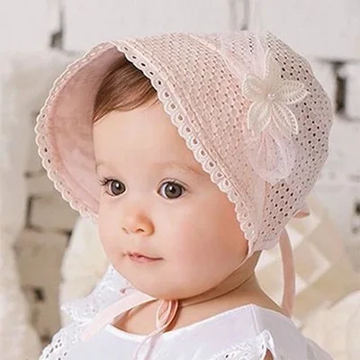 Детская летняя однотонная бейсболка полые детская шапка; кружевное платье с цветочным рисунком платье принцессы кепки для девочек для новорожденных, на шнуровке в стиле ретро дворец Шапка-бини - Цвет: pink