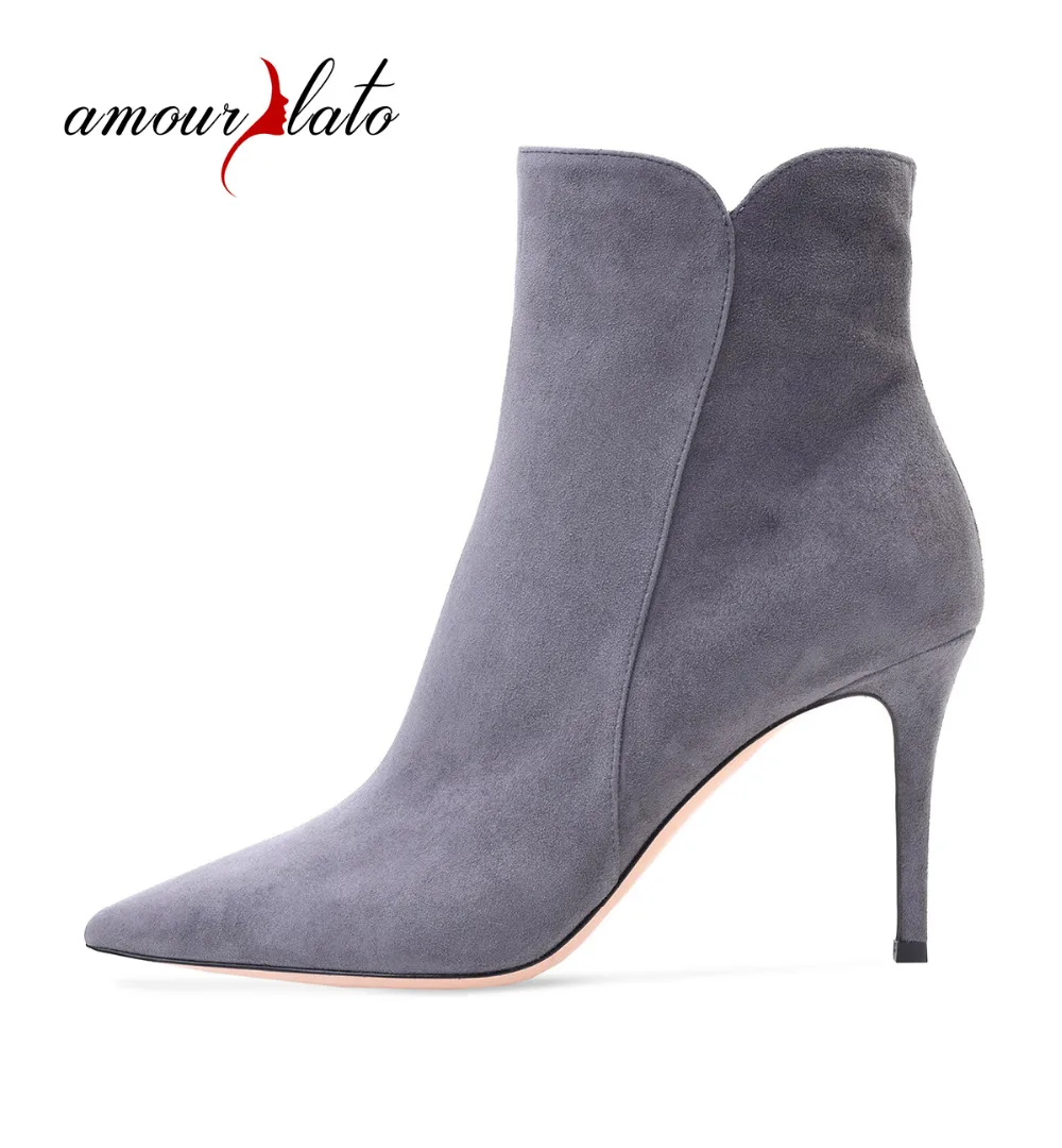 Amourplato Women's Ankle Boots Pointed Toe Winter Boots 8cm Heel Ladies Sude Bootiesboots