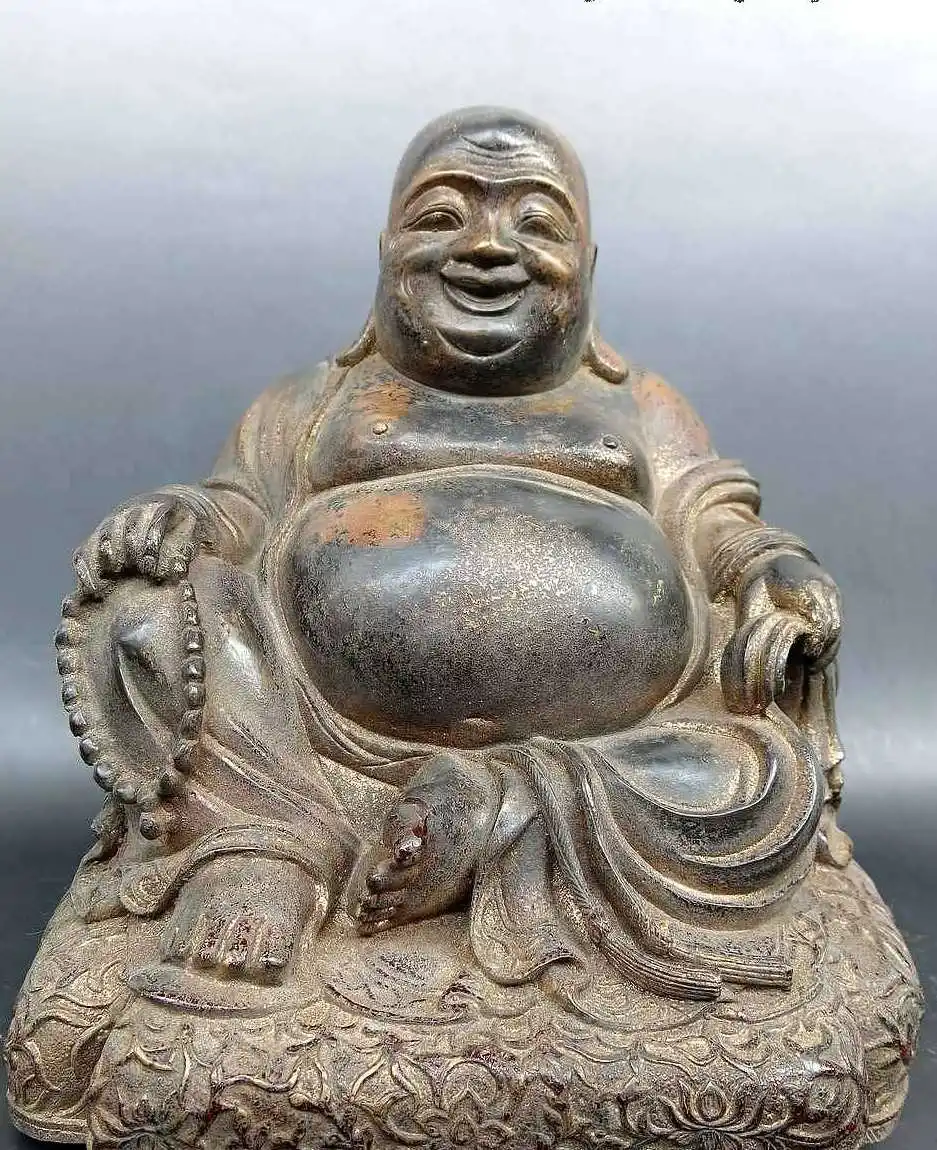 

11" Old pure bronze gild China buddhism Tibet fine happy Maitreya Buddha Statue
