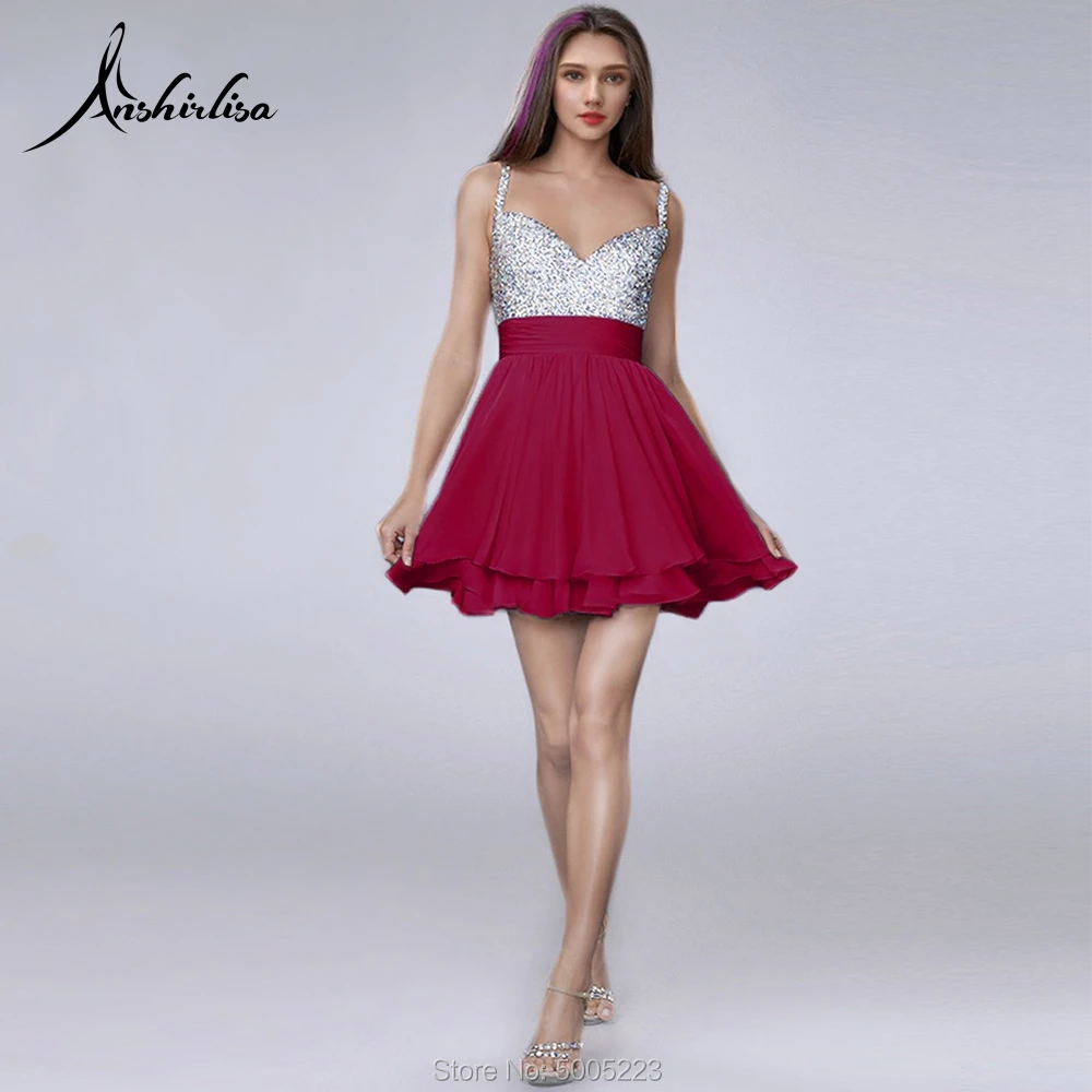 Burgundy Anshirlisa Для женщин Мини платье коктейльное платье на тонких бретельках, костюм с сексуальным вырезом и открытой спиной, сексуальное блестящие шифон Вечерние сбор Выходные туфли на выпускной короткое Клубное платье - Цвет: Burgundy