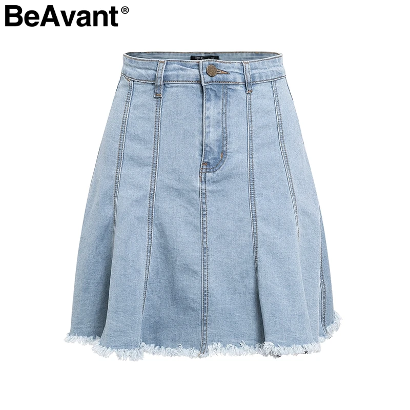 BeAvant A line pleated short jeans skirts womens High waist tassel mini denim skirt female Casual blue summer fringe skirt