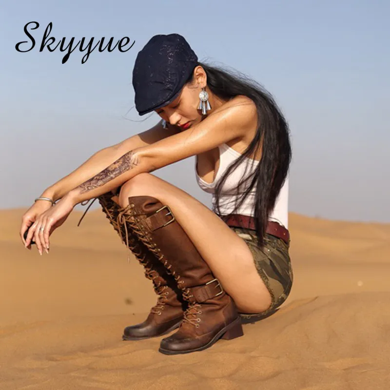 

Skyyue 2018 New Genuine Leather Tan Rome Gladiator Lace Up Women Winter Boots Round Toe Thick Heel Motorcycle Boots Shoes Women