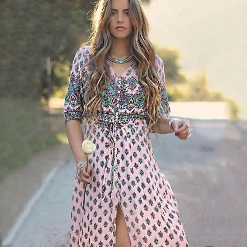 

2018 Bohemia Women Floral Print Ethnic Dress Fashion Summer V-neck Half Sleeve High Slit Beach Boho Long Dress Boho