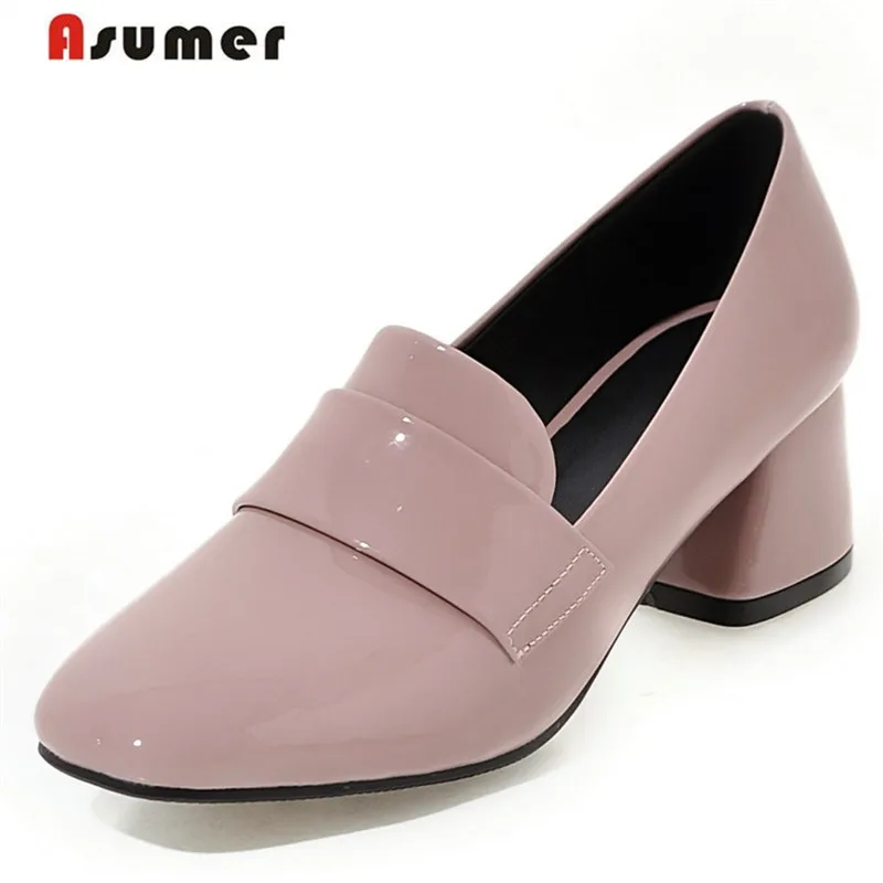 

Asumer Square high heels shoes women patent leather pumps four seasons single shoes work office lady shallow fashion
