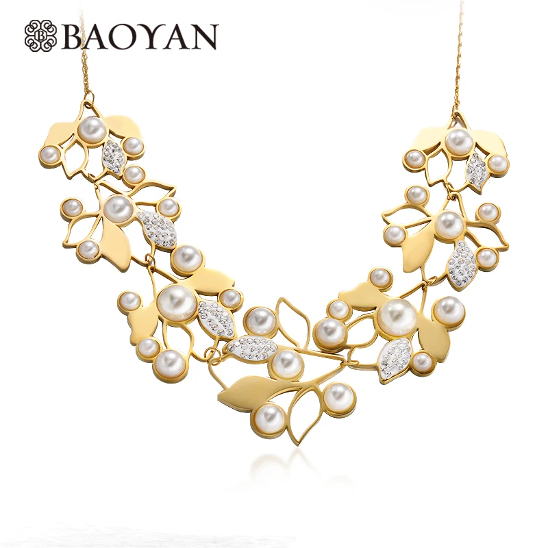 

Baoyan Gothic Natural Freshwater Pearl Flower Necklace Gold Plating Stainless Steel Leaf Flower Pendant Necklaces For Women 2019