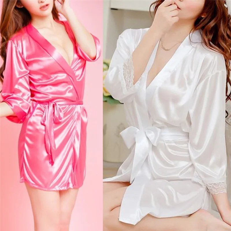 

Sexy Women Satin Soft Nightgown Lingerie Nightdress Female Sleepwear Robe Night Suits Satin Robe Black White Rose