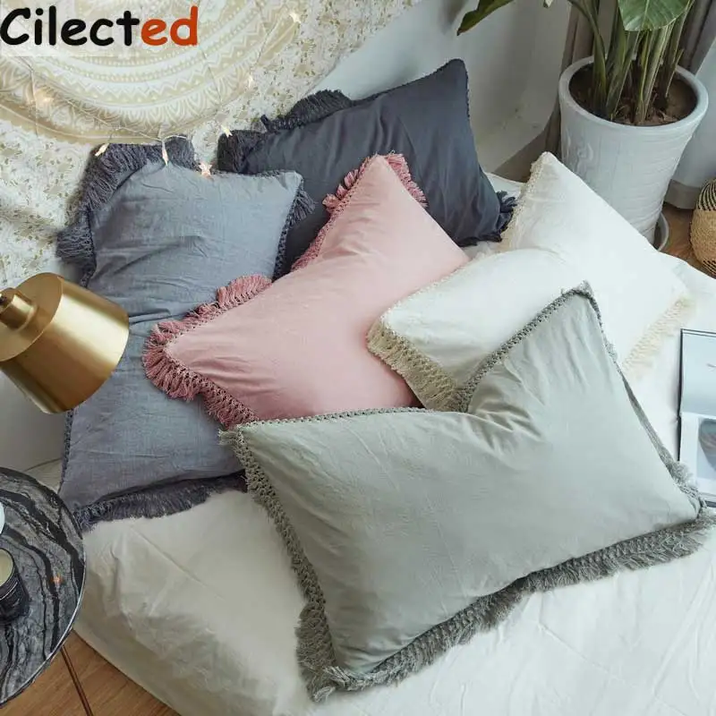 

Cilected Pink Pillow Case With Tassels Solid Cotton Pillow Cover Bedding Soft Quality Sleeping Pillow Protector 1pc 48*74cm