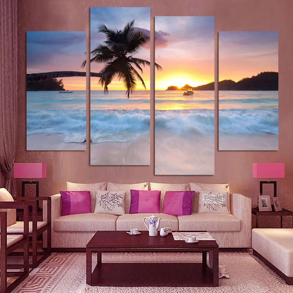 

HD Living Room Printed Frame Home Decor Canvas 4 Panel Coconut Sunset Beach Sea View Modern Painting Poster Wall Art Pictures