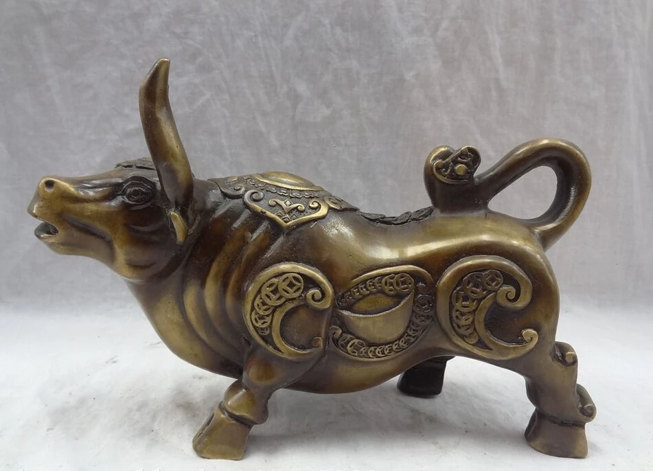 

9" China Bronze Coin Wealth YuanBao FengShui RuYi Strong Bull Ox Statue Figurine