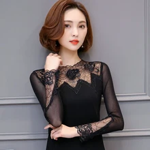 Женская одежда Весна знаменитости Плюс Размер Мода черный сексуальный кружева Чистая Пряжа полный цветочный узор с круглым вырезом Темперамент женщин s Топы