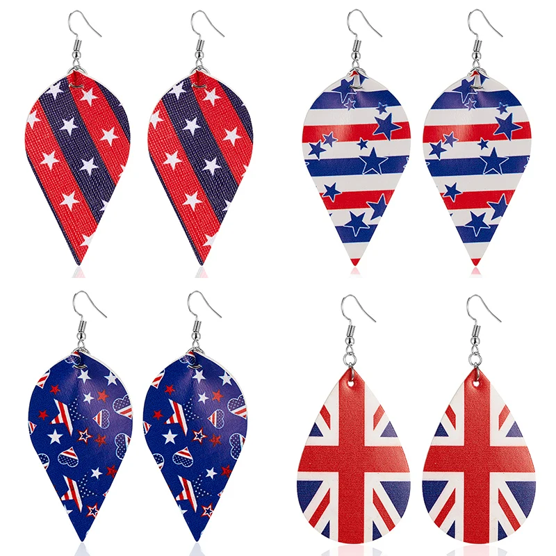 

Flag Print Waterdrop Teardrop Earrings for Women PU Leather Red-Blue Stripe Stars Leaf Shape Flag Eardrop Female Party Jewelry