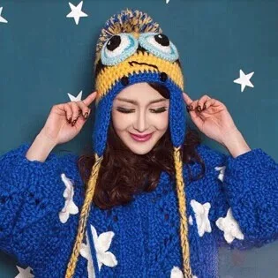 

Adult Women Fashion Winter Warm Woolen Earflap Cartoon Cute Manual Yellow Minion Beanie Hat Cap With Ball Top Perfect Gifts