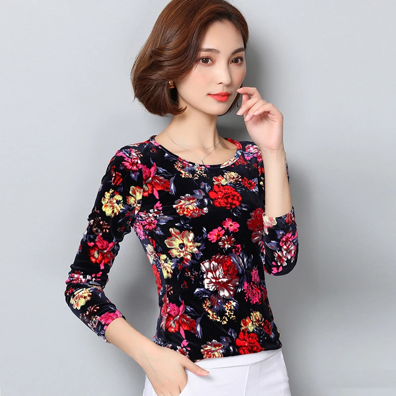 

High Quality 2018 Autumn Fashion O-Neck Velour Blouses Slim Women Print Long Sleeve Blouse shirts Women Tops Plus Size Blusas