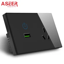 ASEER AU Утвержденная Розетка с usb, черная кристальная стеклянная панель 15A сенсорное управление USB настенная розетка AC110-240V, кухонная розетка