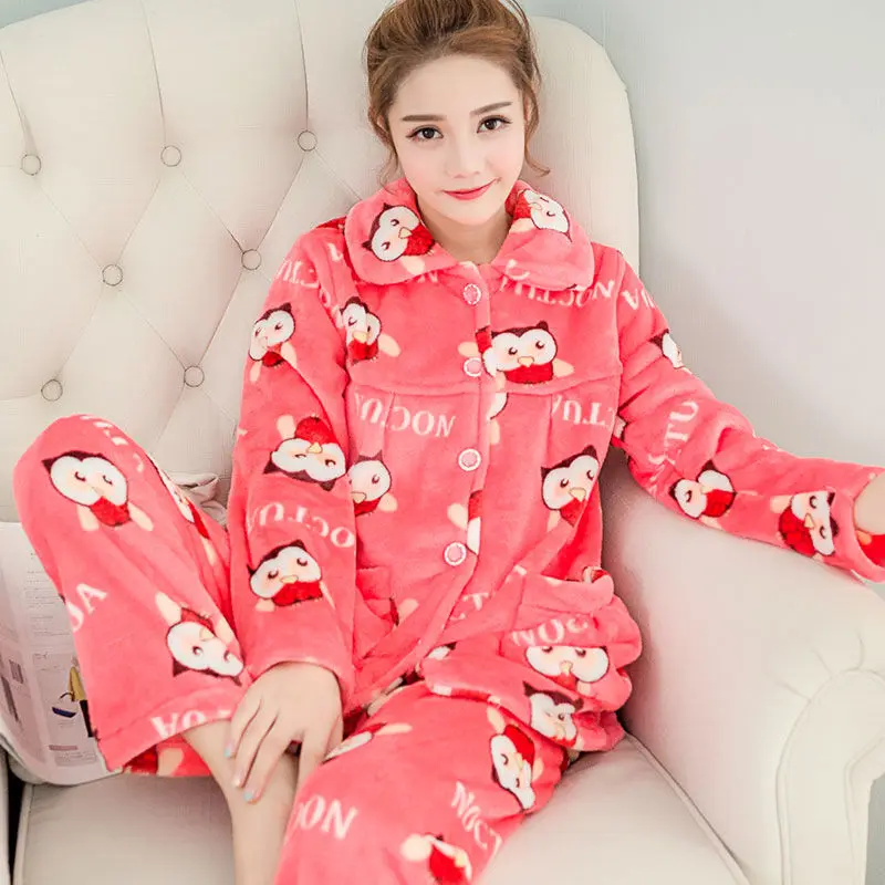 2019 Fashion Autumn Winter Women Pajama Sets Thick Flannel Pajamas Home