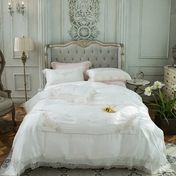 

2018 Summer 4pcs King Size blue pink tencel Bedding Set embroidery lace Duvet Cover Sets Pillowcases Pillow Covers