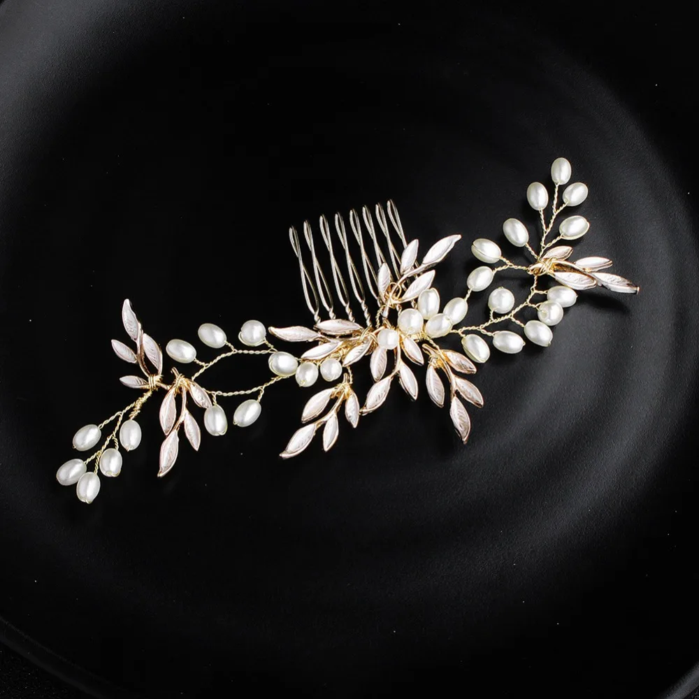 Gold Color Leaf Handmade Hair Combs Hair Jewelry  (1)