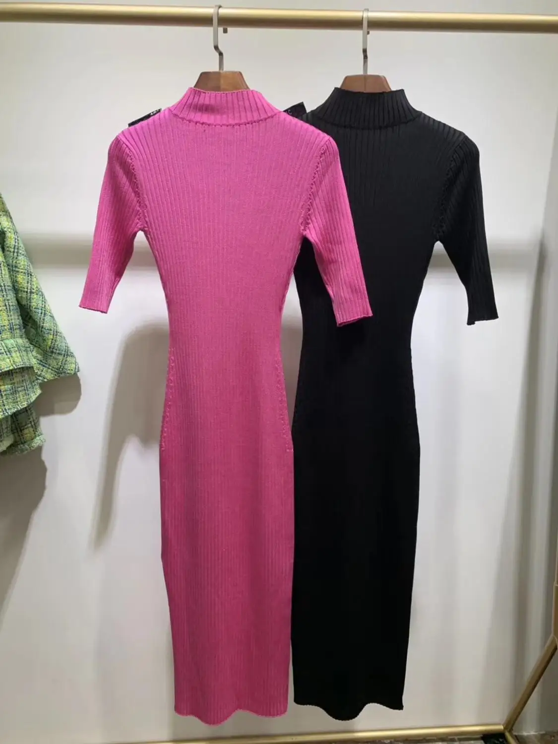 

Top quality 2019 fashion new women long sleeve fashion pink black knit dress