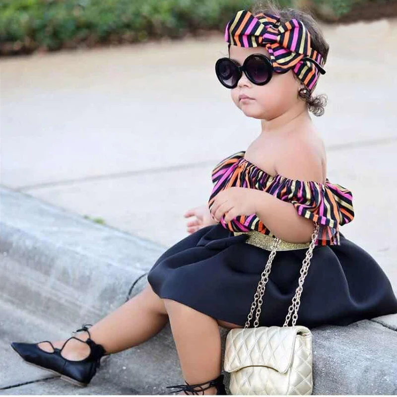 

Doz438 Girls Clothing Sets Summer Fashion stripe Off Shoulder T-shirts + skirt Set 2-7T Kids Clothing Sets Children Clothing set