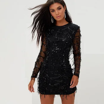 

2019 New Arrival Lighting Paillettes Dress Women Hallow Out Black Party Dress Office Dame Oansatz Sexy See Through Elegant Dress