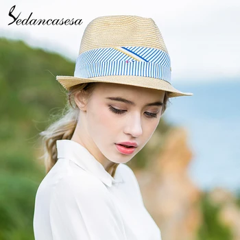 

Sedancasesa 2020 Summer Sun Hats Handmade Plaid Ribbon Straw Hat Women's Hat Straw Beach Sun Hat for Women Girls