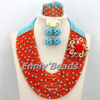 

Fashionable African Beads Jewelry Set 10 Rows Blue Orange Crystal Beads Jewelry Set Nigerian Wedding Bridal Jewelry Set AMJ593