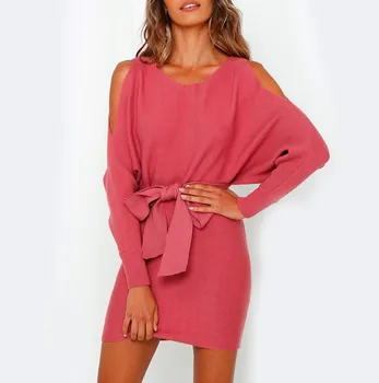 

KLV 2019 women dress платье dress Fashion Women Sexy Solid Hollow Out Long Sleeve O-Neck Sashes Bow Tight Dress free shipping D4
