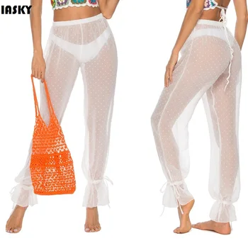 

IASKY 2019 New see through bikini swimsuit cover ups pant sexy women swimwear bathing suit cover up mesh beach pants