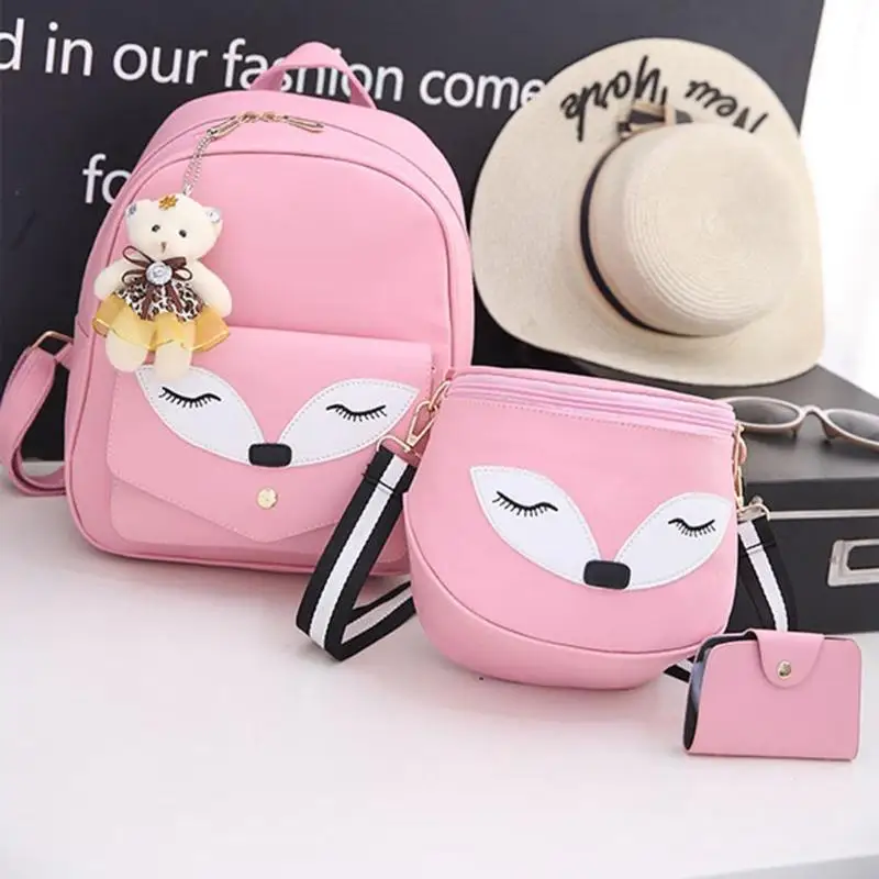 

4pcs/3pcs/1pc Cartoon Fox Print Backpack Women Clutch Shoulder Bag Travel Rucksack School Bags Mochila Femimina Bolsas Mujer New