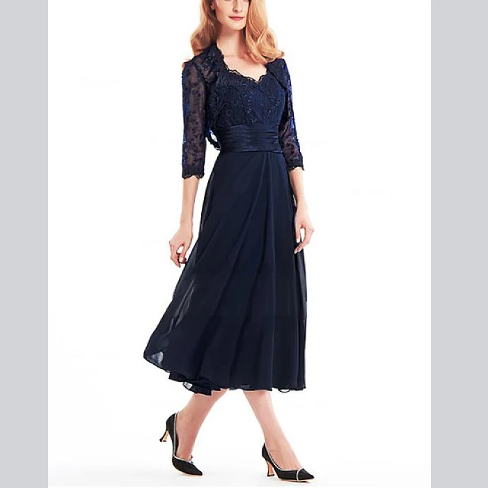 A-line Navy Blue Flowers sash Beading Ankle-Length Chiffon With Jacket Custom-Made Mother Of The Bride Dresses Plus Size | Свадьбы и