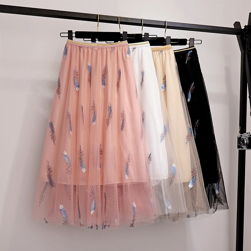 

Lace Skirts Women 2019 Summer Embroidery Elegant A-line Ladies Saia Midi Elastic High Waist Female Casual Woman Tulle Skirt