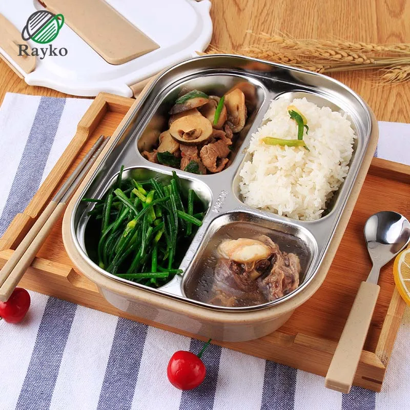 

Cute Stainless Steel Lunch Box Creative Square Four Grid Microwavable Lunch Box Fashion Student With Lid Drop Proof Lunch Box