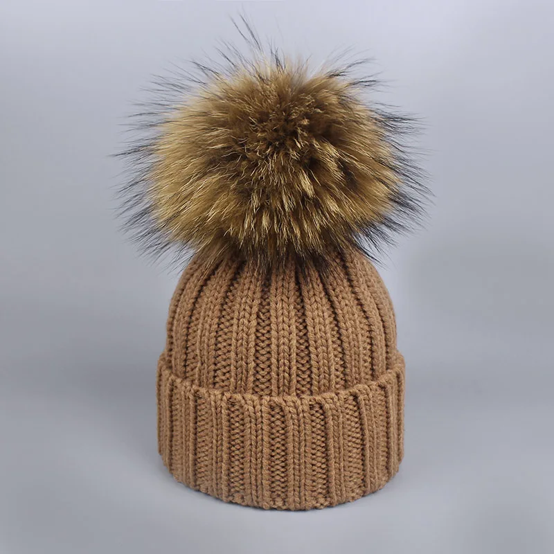 Hat Khaki Г. Шапка с помпоном для девочек, теплые вязаные с помпоном из меха, шапка с помпоном и шарф, комплект, детская зимняя шапка с помпоном из натурального меха енота, Skullies - Цвет: Hat Khaki