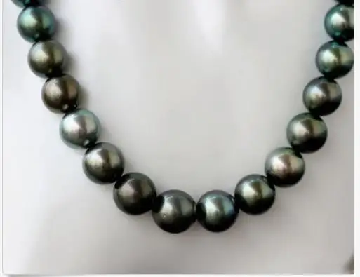 

stunning round 11-12mm freshwater black green pearl necklace 18inch 925silver