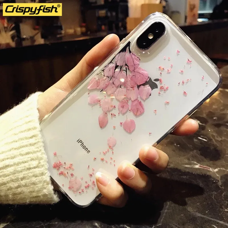 

Crispyfish Real Flowers Dried Transparent Soft TPU Silicone Case Cover For iPhone 7 8 Plus Clean Case For 6 6s X XR XS MAX Cover