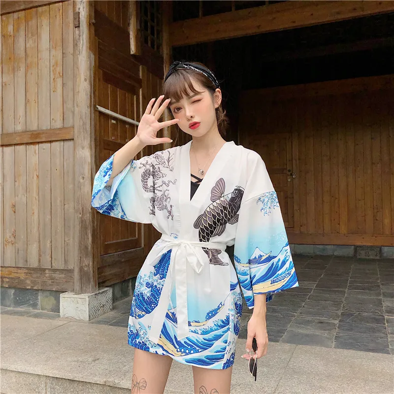 Японские кимоно Пары кардиган женский летний кардиган-кимоно юката Женская тонкая свободная Милая верхняя одежда