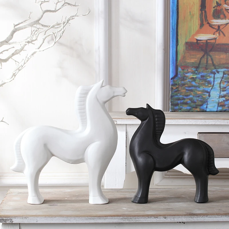 Nordic minimalist abstract modern home decorations ceramic crafts black and white horse figurine
