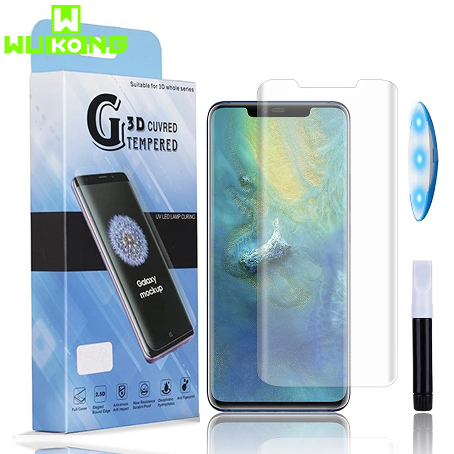 

Wukong Full Cover UV Glue Tempered Glass For Huawei Mate 20 Pro Bend Edge Cover UV Liquid Screen Protector For Huawei P30 Pro