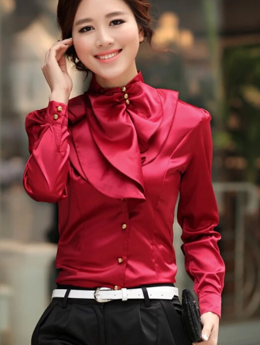 

Free Shipping Plus Size S-XXL Korean OL Style High Collar Ruffles Long Sleeve Woman Satin Top