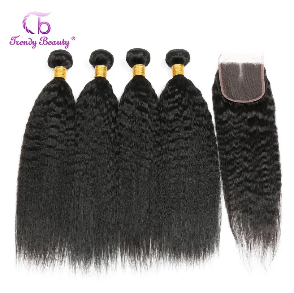 Trendy Beauty Brazilian Kinky Straight Hair 4Bundles With Closure Middle/Three/Free Part 100% Non-Remy Human Hair 8-28 Inches