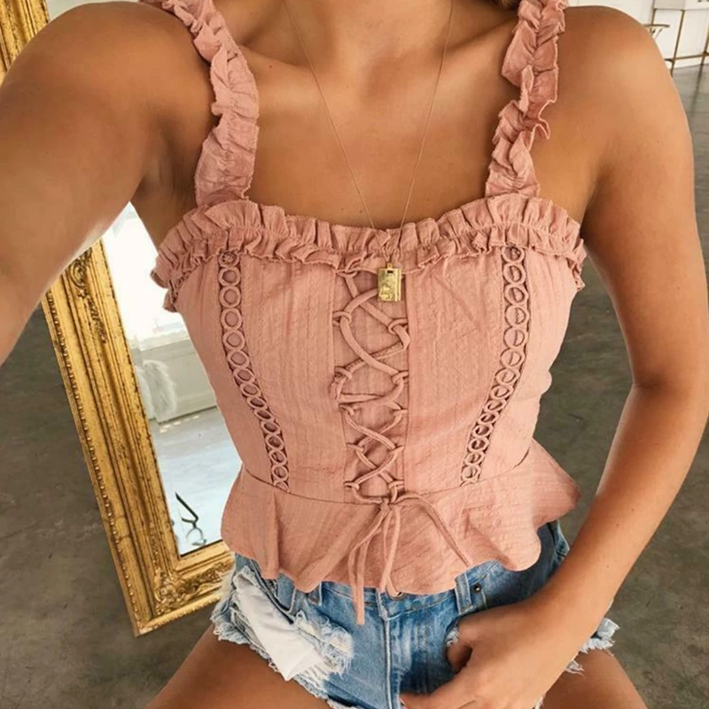 

Women Sexy Casual Tank Top Vest Blouse Sleeveless Slim Summer Solid Bandage Crop Top Shirt Small Cami Top New