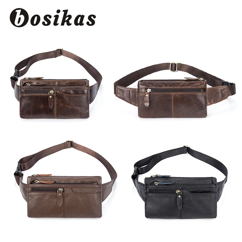 BOSIKAS جديد جلد طبيعي الخصر حزم جلد حزام حقيبة الرجال الهاتف حقيبة كيس سستة السفر الخصر حزمة خمر الذكور الخصر حقيبة