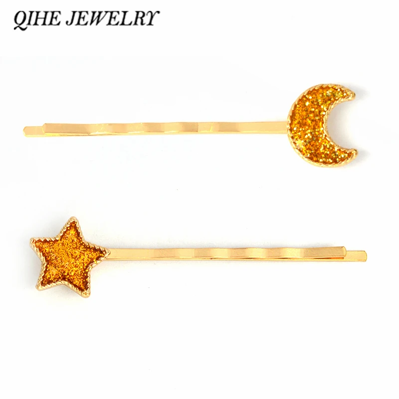 

QIHE JEWELRY Hairpin Yellow pink blue shining Moon & Star hairwear barrettes hair clip bobby pins Accessories for women girl