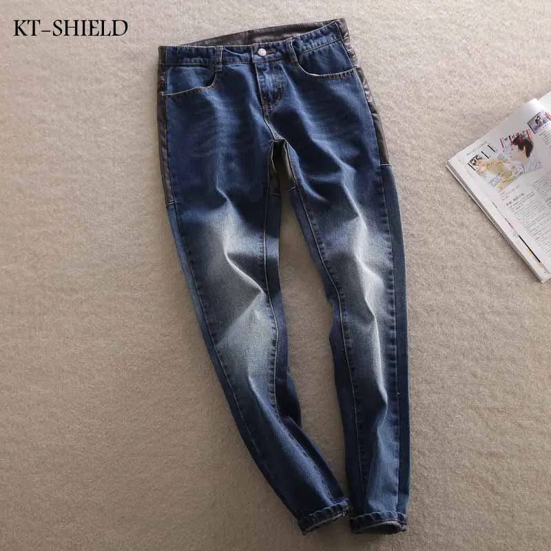 

jeans woman Fashion Pu Leather Patchwork Pants Denim Skinny Pencil Pants Zip Decorate Blue Trousers Plus Size American Apparel