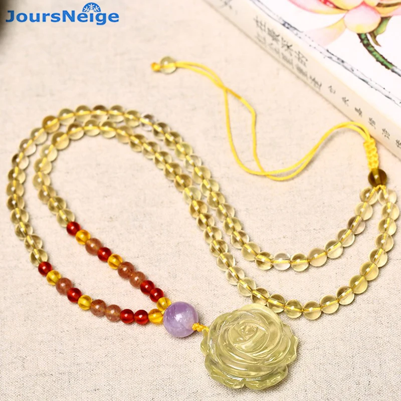 

Yellow Natural Crystal Necklace Hand Carved Flower Pendant Beads Sweater Chain Necklace Lucky for Women Help Wealth Jewelry